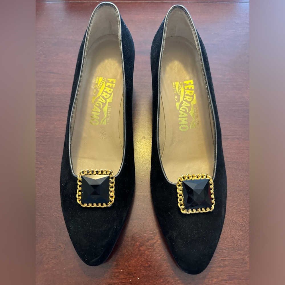 Salvatore Ferragamo Black Wedges with Gold Accents